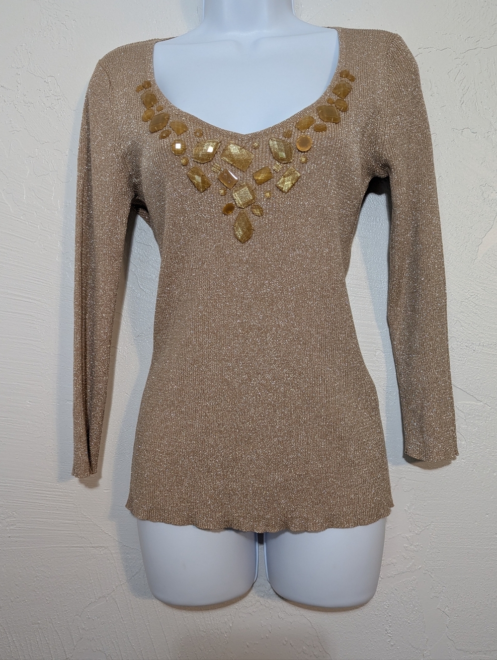 Silk Embellished Metallic Gold Knit Blouse Unique Office Art To Wear Teacher
